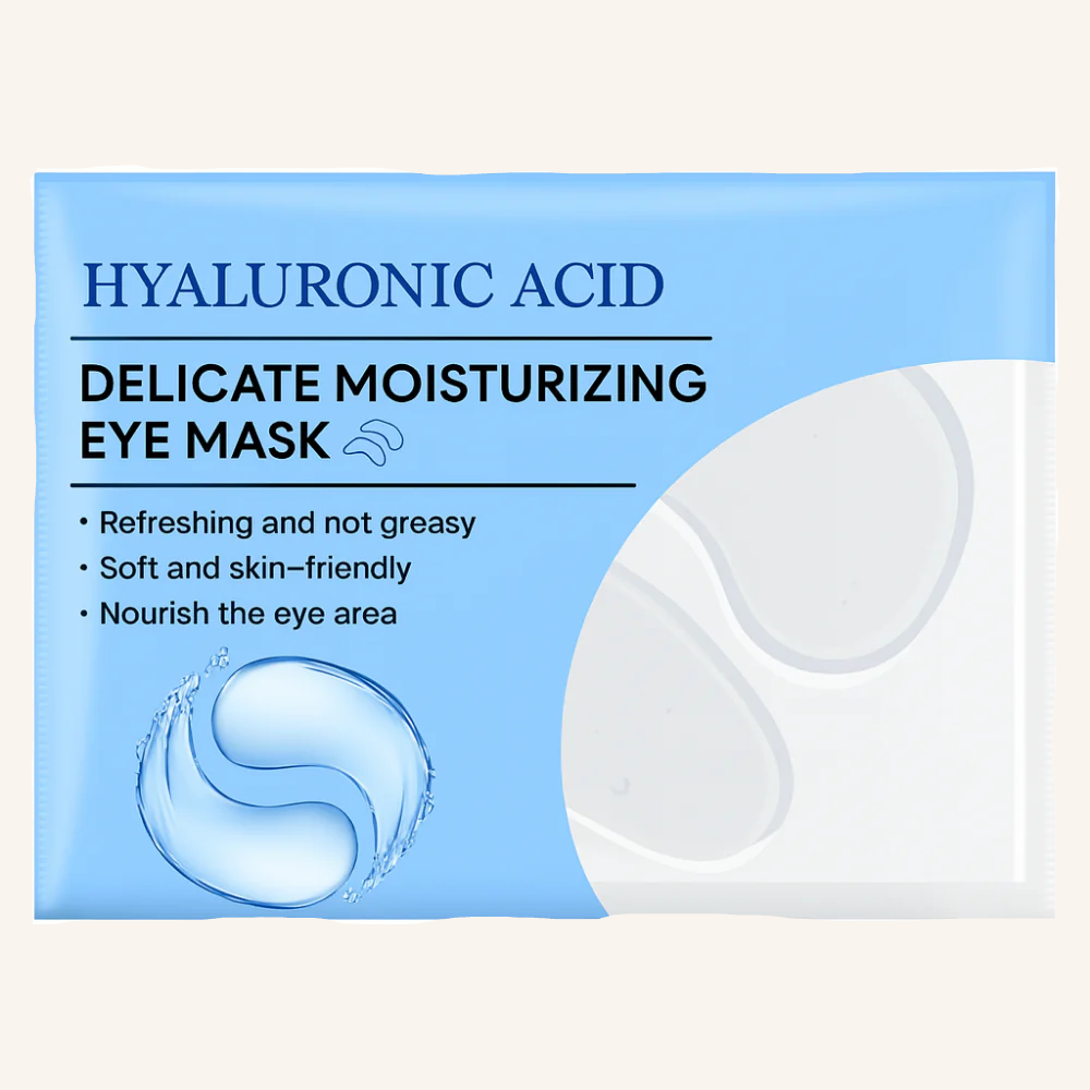 Hyaluronic acid eye mask packaging with text on a blue background